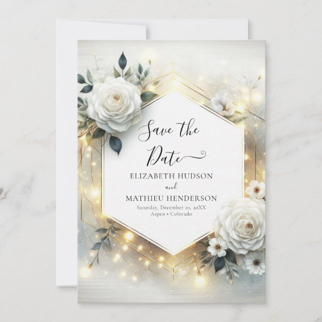 Classic Bloom White Roses Wedding Save The Date (Front)