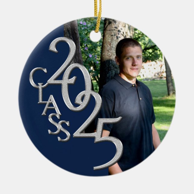 Classic Blue 2025 Graduate Photo Ceramic Tree Decoration (Front)