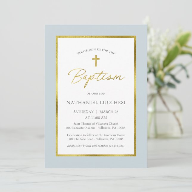 Classic Blue and Gold Script Baptism Invitation (Standing Front)