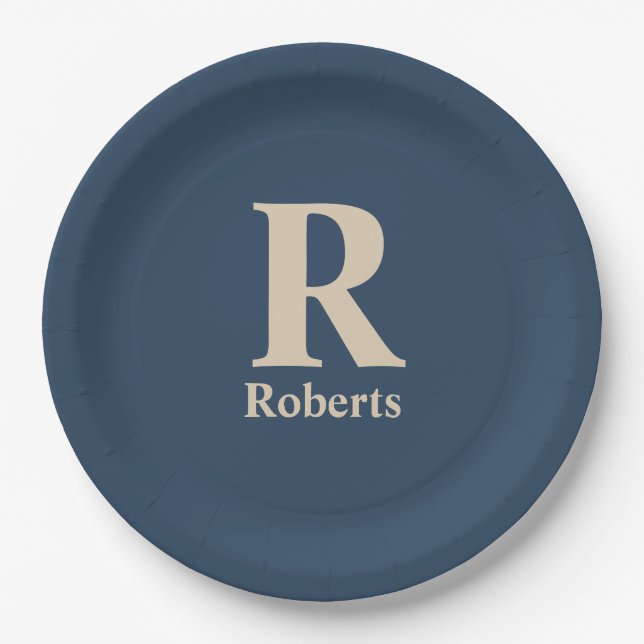 Classic Blue And Vanilla Initial/First/Family Name Paper Plate (Front)