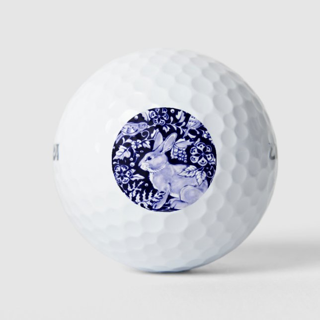 Classic Blue and White Bunny Rabbit Birds Floral Golf Balls (Front)