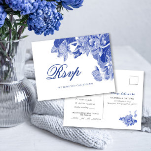 Classic Blue and White Chinoiserie Floral Wedding Postcard