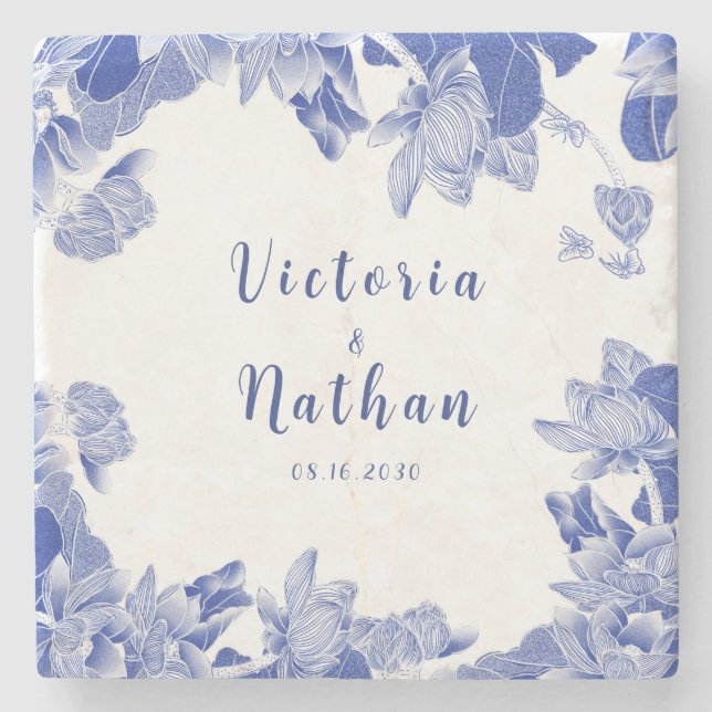 Classic Blue and White Chinoiserie Floral Wedding  Stone Coaster (Front)