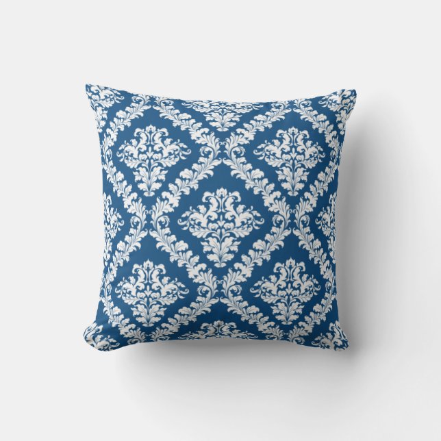 Classic blue and white damask pattern throw cushion (Front)