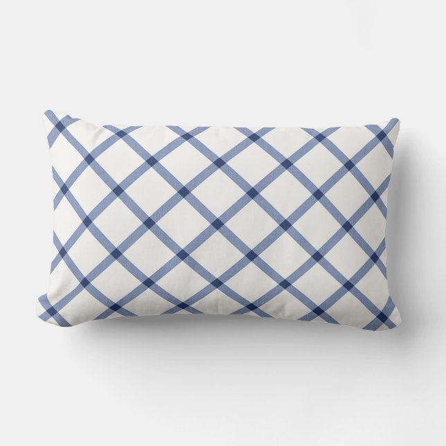 Classic Blue and White Diagonal Check Plaid Accent Lumbar Cushion (Front)