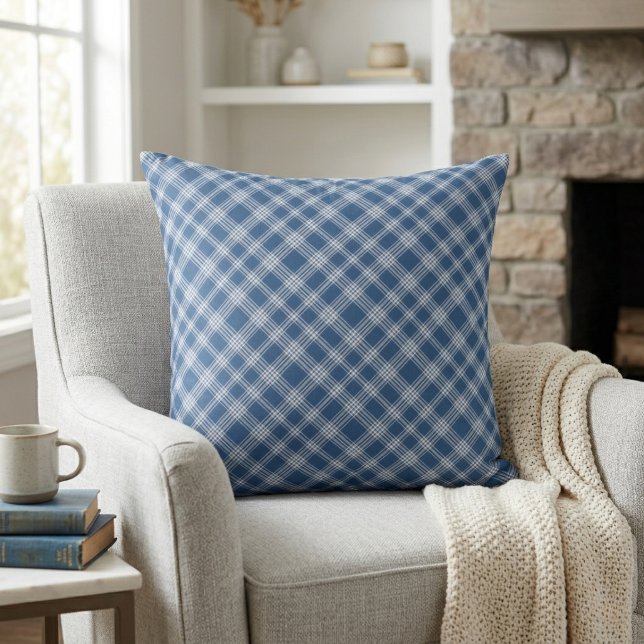 Classic Blue and White Diagonal Check Plaid Cushion (Classic Blue and White Diagonal Check Plaid Throw Pillow)