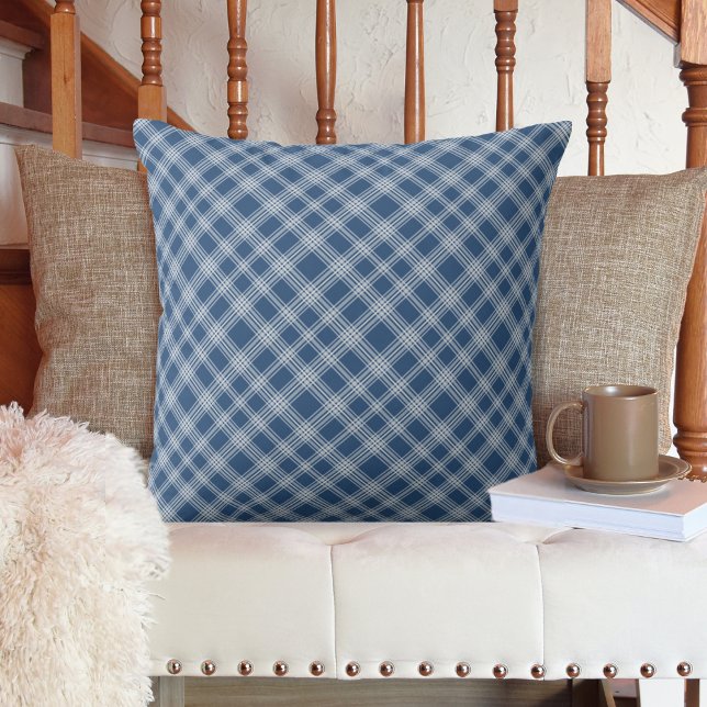 Classic Blue and White Diagonal Check Plaid Cushion (Classic Blue and White Diagonal Check Plaid Throw Pillow)