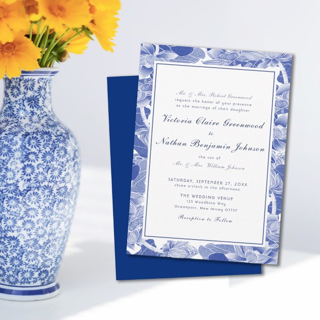 Classic Blue and White Floral Chinoiserie Wedding Invitation (Creator Uploaded)