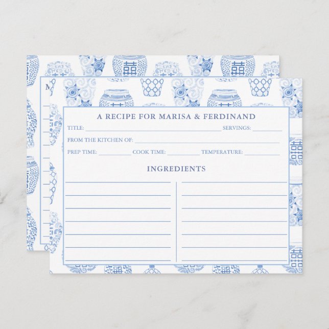 Classic Blue And White Ginger Jar Recipe Card (Front/Back)