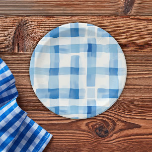 Classic Blue and White Gingham Checkered Pattern Paper Plate