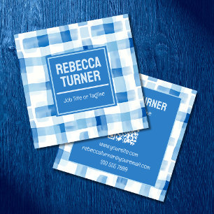Classic Blue and White Gingham Checkered , QR Code Square Business Card