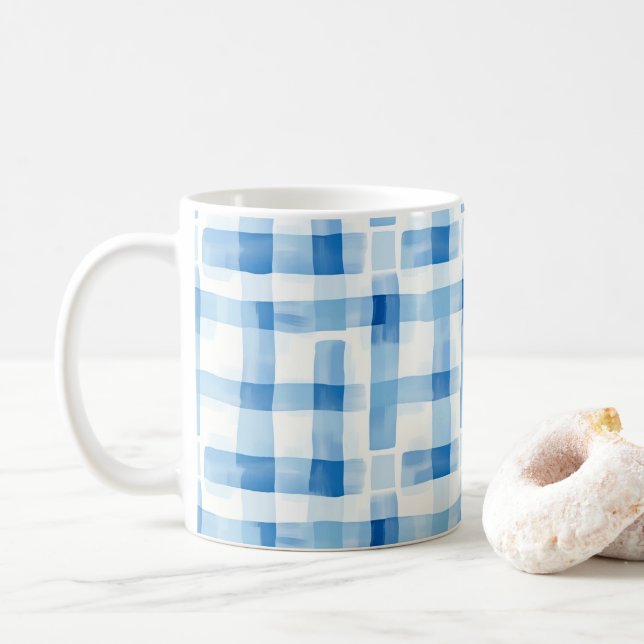 Classic Blue and White Gingham Chequered Pattern Coffee Mug (With Donut)
