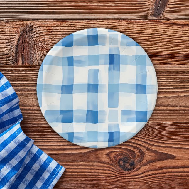 Classic Blue and White Gingham Chequered Pattern Paper Plate (Creator Uploaded)