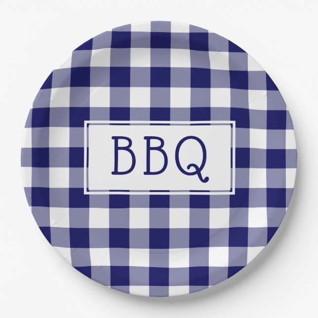 Classic Blue and White Gingham Pattern BBQ Party Paper Plate (Front)