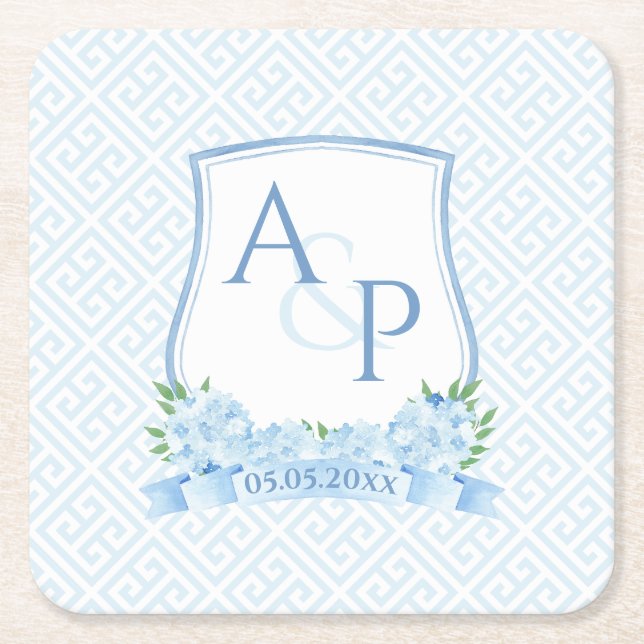 Classic Blue And White Hydrangea Wedding Crest Square Paper Coaster (Front)