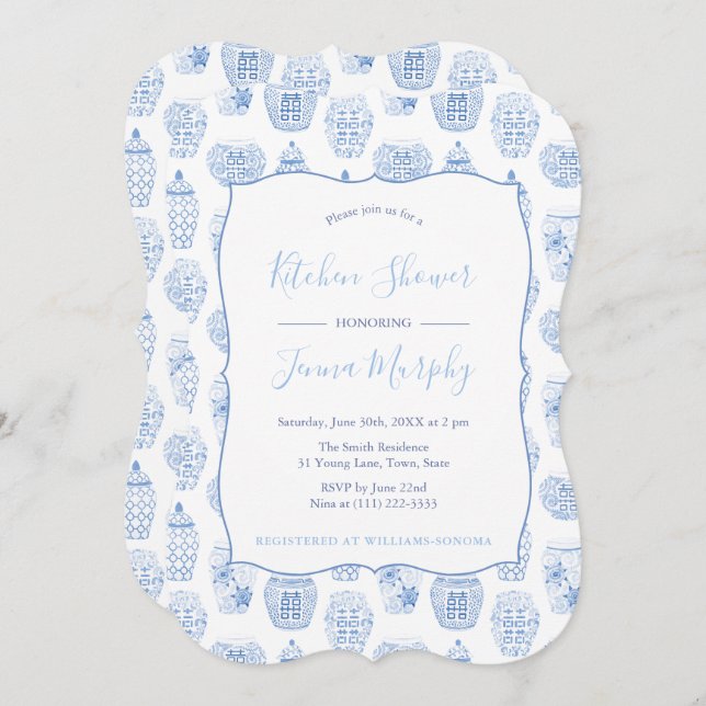 Classic Blue And White Kitchen Bridal Shower Party Invitation (Front/Back)