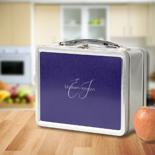 classic blue and white minimalist name customised metal lunch box