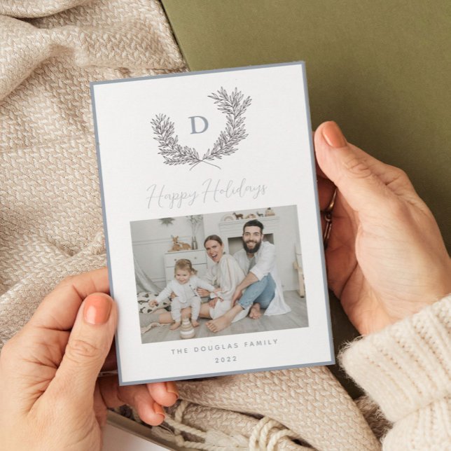 Classic Blue and White Monogram Crest Photo Holiday Card (Blue and white monogram botanical crest holiday card.)