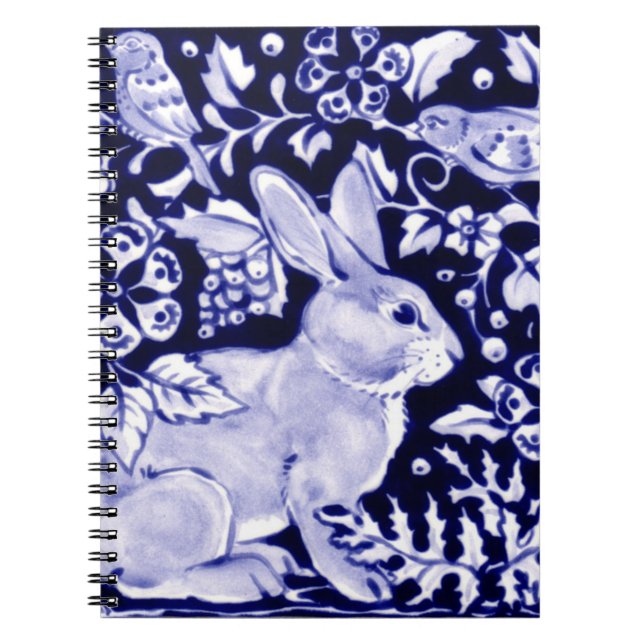 Classic Blue and White Rabbit & Birds Floral Navy Notebook (Front)