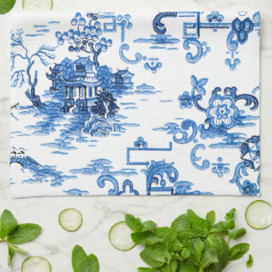 Classic Blue and White Vintage Pagoda Chinoiserie Tea Towel