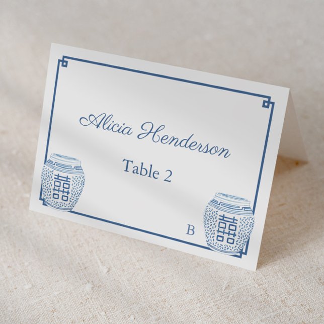Classic Blue And White Wedding Place Card (Individual place card design featuring dark blue and white ginger jars and greek key pattern)