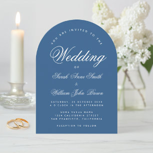 Classic Blue Arch Simple Elegant Script Wedding Invitation