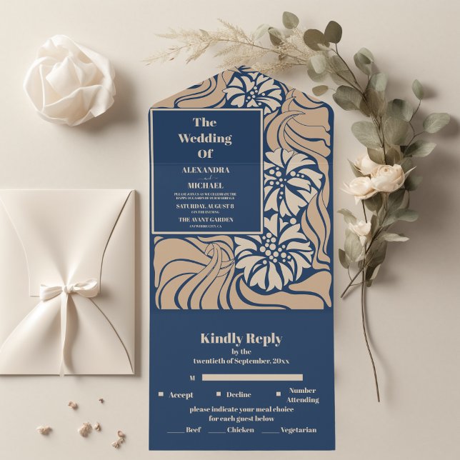 Classic Blue Art Nouveau Wedding All In One Invitation (Creator Uploaded)
