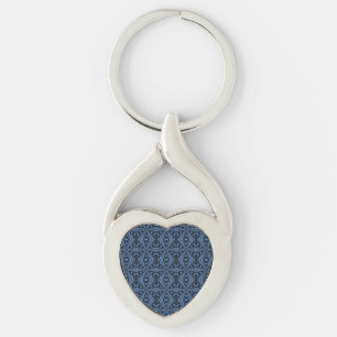 Classic Blue Black and Denim Geometric Tile Patter Key Ring