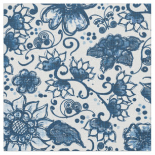 Classic Blue Boho Flowers Fabric