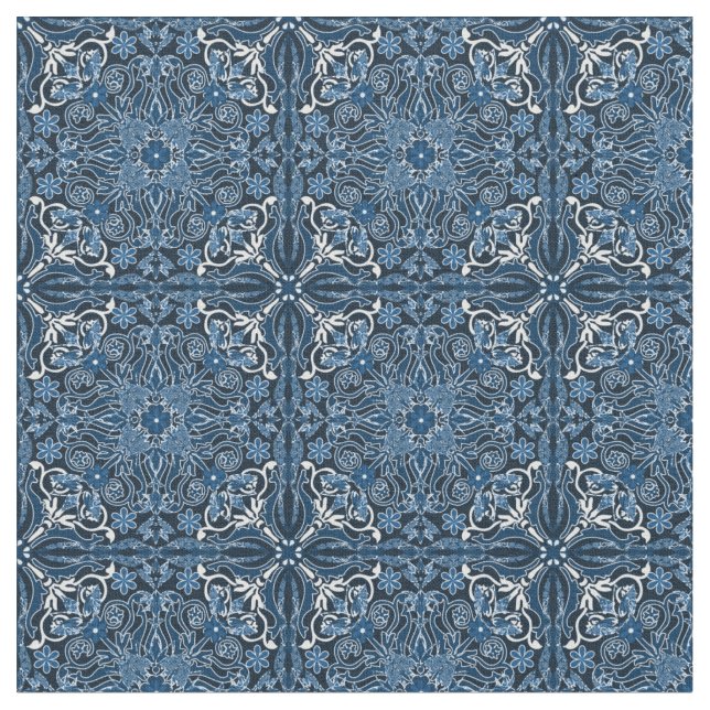 Classic Blue Boho Tiles  Fabric (Close Up)