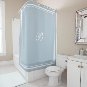 Classic Blue Border Script Monogram Letter Shower Curtain