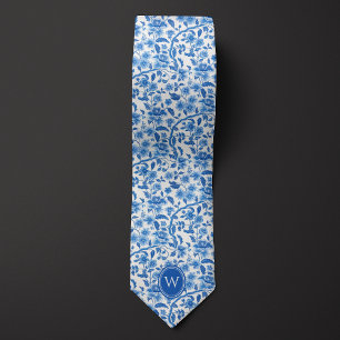 Classic Blue Botanical Floral Monogram Tie