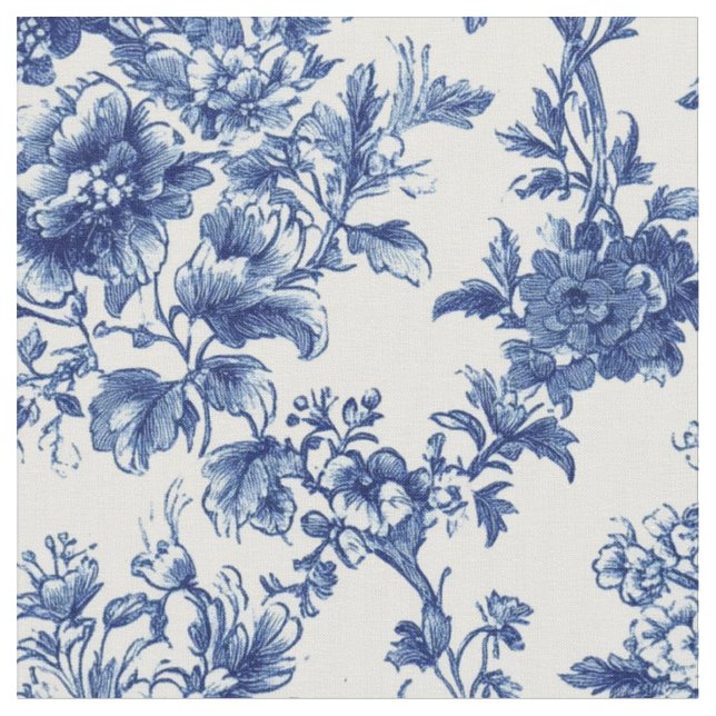 Classic Blue Botanical Floral Toile Fabric (Close Up)