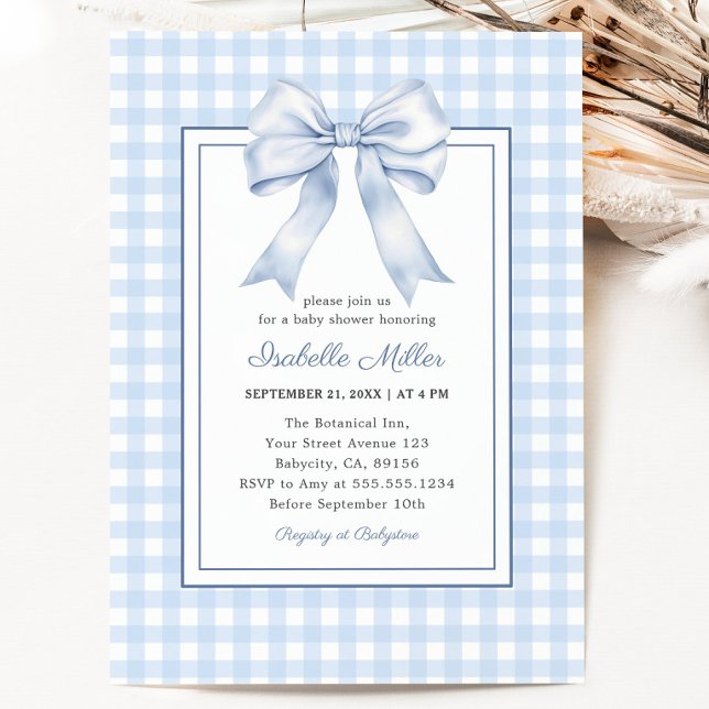 Classic Blue Bow Gingham Boy Baby Shower Invitation (Classic Blue Bow Gingham Boy Baby Shower Invitation)