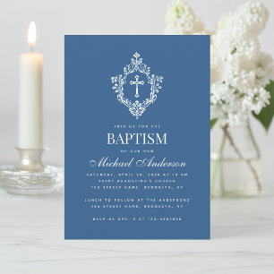 Classic Blue Boy Baptism Cross in Vintage Crest Invitation