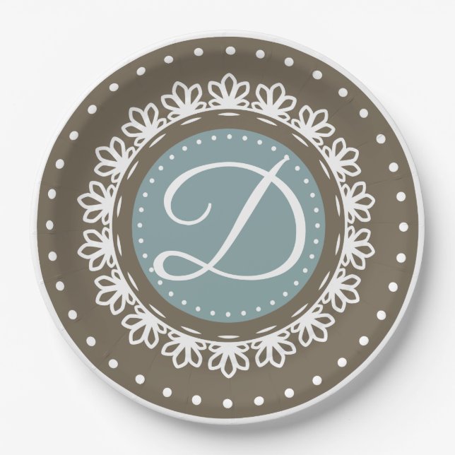 Classic blue brown monogram birthday party paper plate (Front)