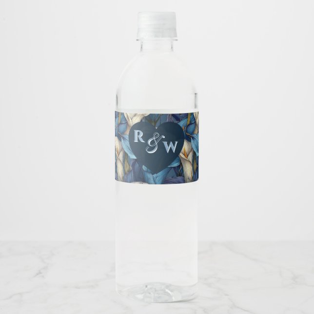 Classic Blue Calla Lilies Fantasy Greenery Wedding Water Bottle Label (Front)