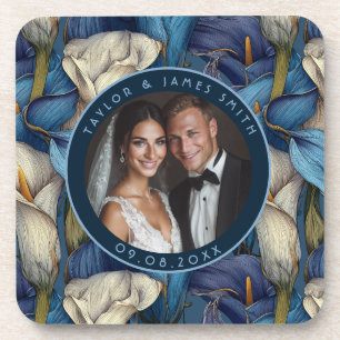 Classic Blue Calla Lilies Petal Botanical Wedding Coaster