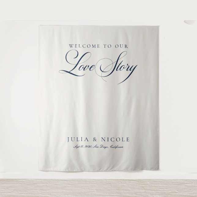 Classic Blue Calligraphy Wedding Backdrops Banner Tapestry (Front)