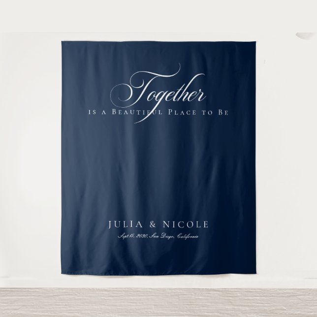 Classic Blue Calligraphy Wedding Backdrops Banner Tapestry (Front)
