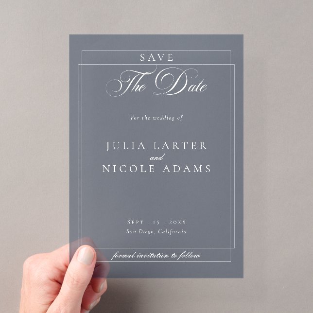Classic Blue Calligraphy Wedding Save The Date Acrylic Invitations (Insitu (Handheld))