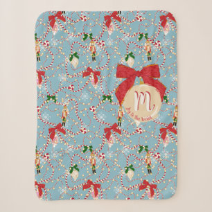 Classic Blue Candy Cane Script Initial Sherpa Blanket