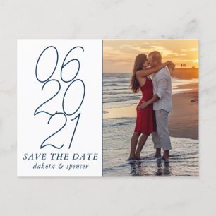 Classic Blue Casual Script Save the Date Photo Announcement Postcard