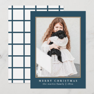 Classic Blue Check Pattern Merry Christmas Photo Holiday Card