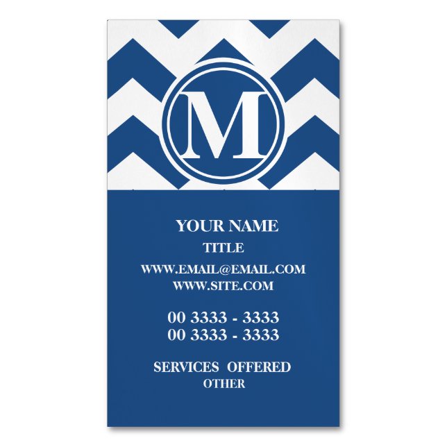 Classic Blue Chevron Monogrammed Magnetic Business Card (Front Vertical)