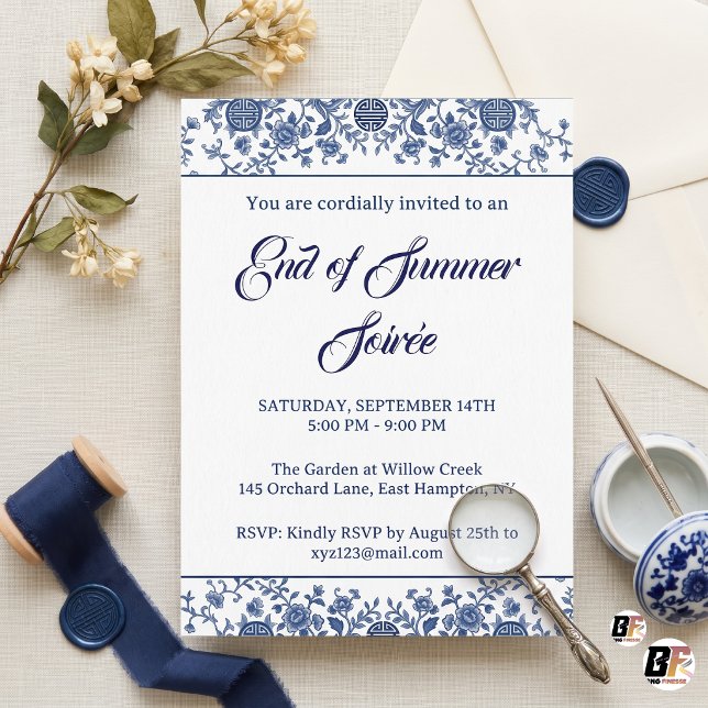 Classic Blue Chinoiserie End of Summer Soirée Invitation (#ForYou)
