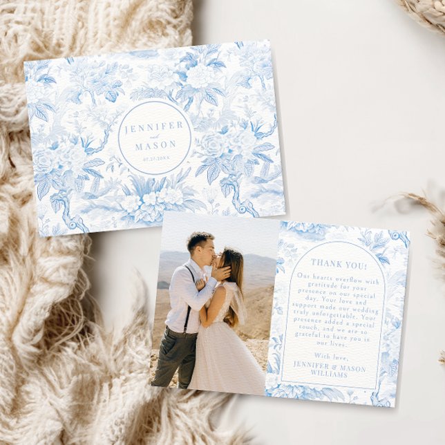 Classic Blue Chinoiserie porcelain Wedding photo Thank You Card (Creator Uploaded)