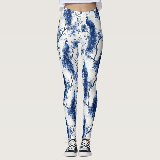 Classic Blue Chinoiserie Watercolor French Peacock Leggings (Front)