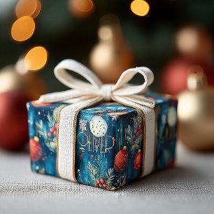 Classic Blue Christmas Ornaments & Holly Pattern Wrapping Paper