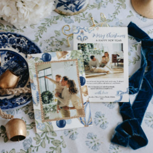 Classic Blue Christmas Watercolor Family Photo Holiday Card